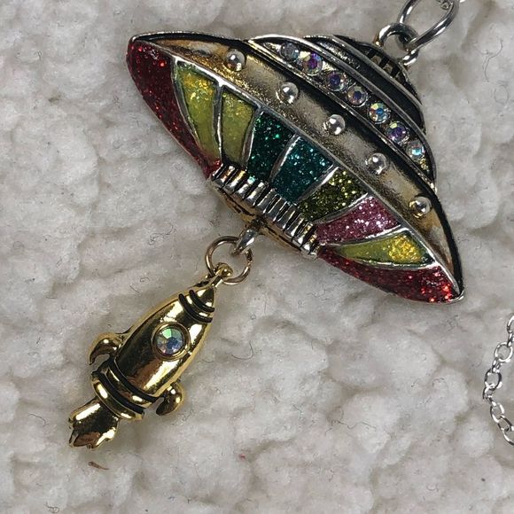 UFO gold necklace sparkly rainbow with ship under & rhinestones on silver chain - Picture 3 of 4